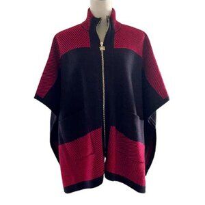 Ann Klein Red/Black Zip Front Poncho Sweater